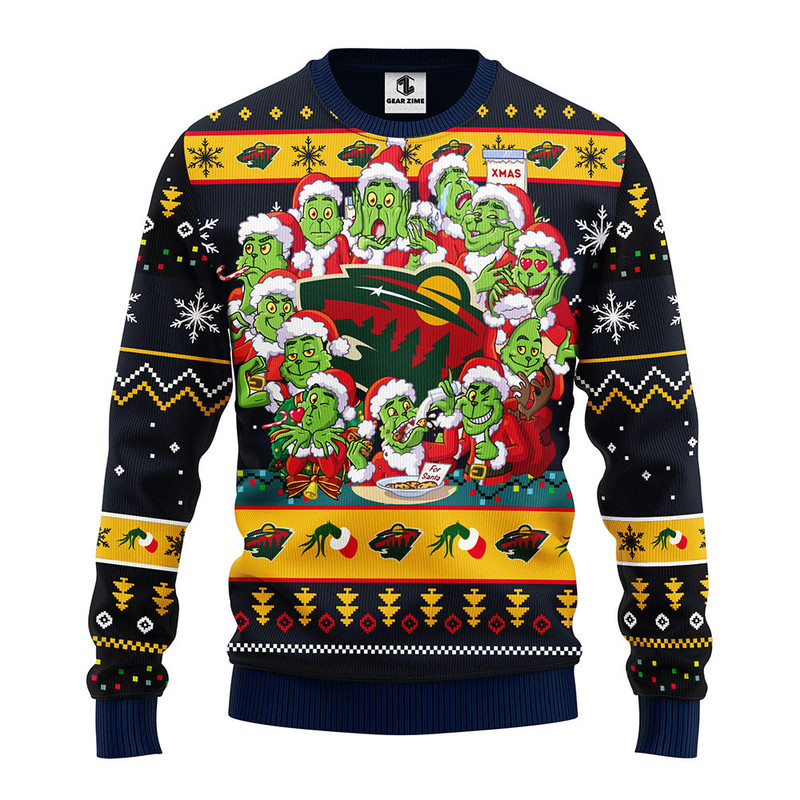NHL Minnesota Wild 12 Grinch Ugly Hoodie 3D Zip Hoodie 3D Ugly Christmas Sweater 3D Fleece Hoodie
