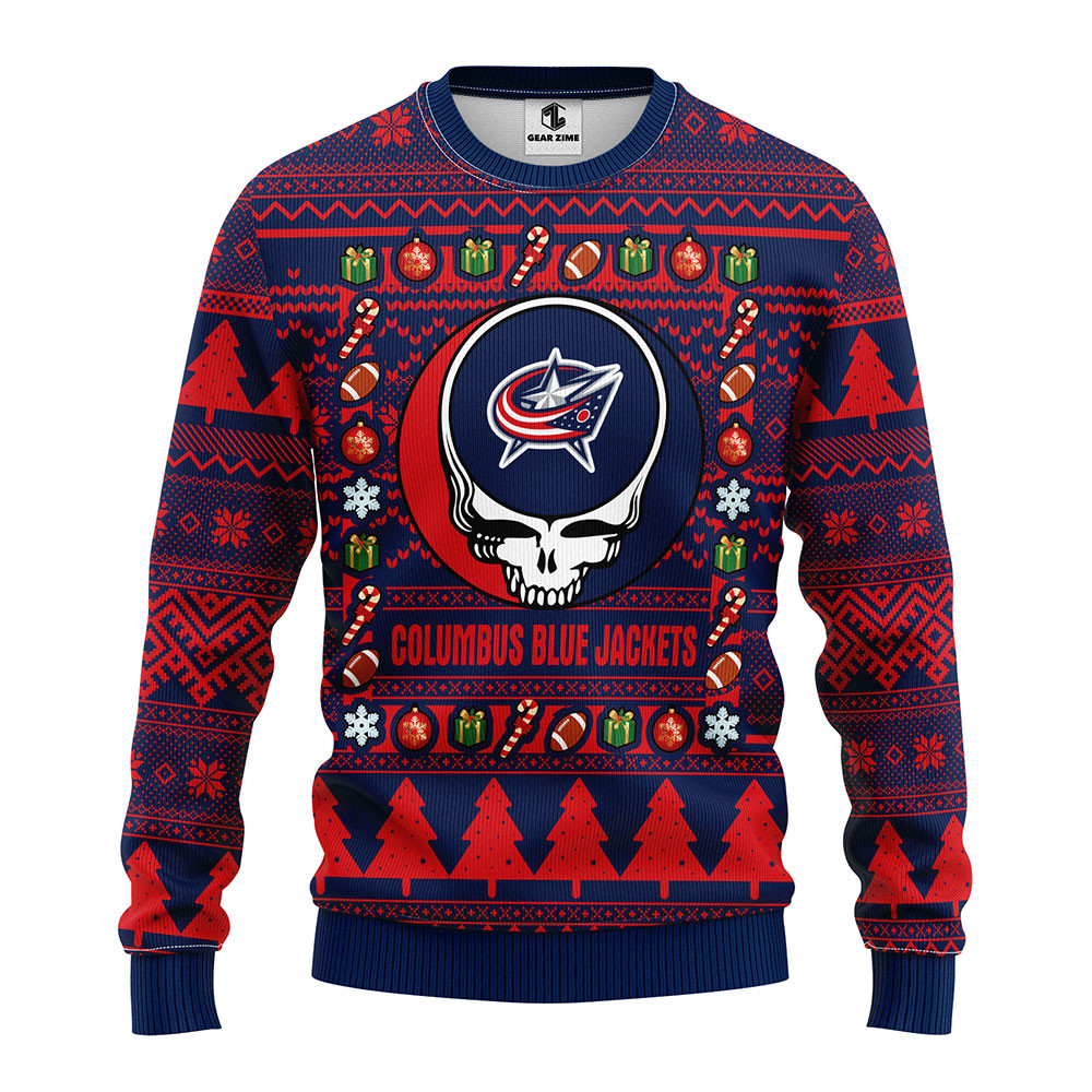 NHL Columbus Blue Jackets Grateful Dead Ugly Hoodie 3D Zip Hoodie 3D Ugly Christmas Sweater 3D Fleece Hoodie