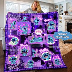 personalized stitch quilt fleece blanket lilo and stitch fleece blanket, stitch purple birthday party disney stitch ch--