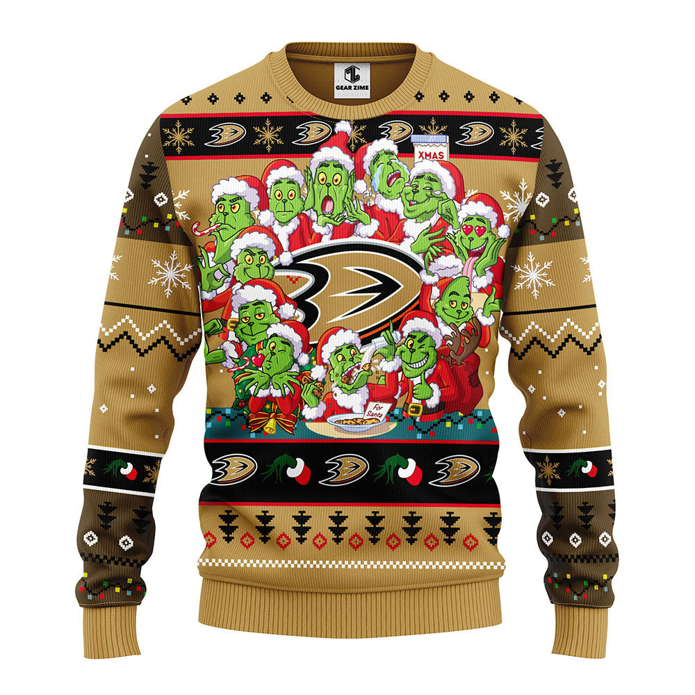 NHL Anaheim Ducks 12 Grinch Ugly Hoodie 3D Zip Hoodie 3D Ugly Christmas Sweater 3D Fleece Hoodie