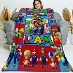 personalized super mario blanket, cartoon blanket, name blanket, super mario fleece blanket, super mario lovers gift, bi