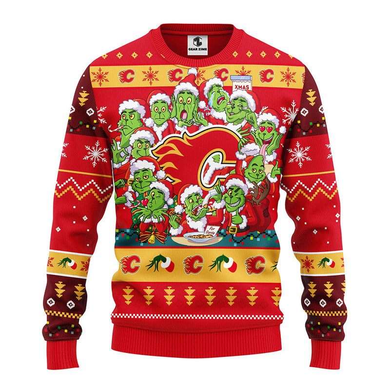 NHL Calgary Flames 12 Grinch Ugly Hoodie 3D Zip Hoodie 3D Ugly Christmas Sweater 3D Fleece Hoodie