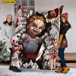 custom name horror chucky fleece mink sherpa blanket, chucky blanket, scary movie blanket gift, halloween blanket, horro