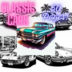 Coloring Book Classic Cars, Easy Coloring Pages, Coloring Book for kids and adults, Digital Item, 50 coloring pages