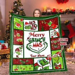 custom name merry grinchmas fleece blanket, christmas blanket, grinch face blanket, christmas gifts, grinch christmas bl