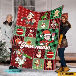 personalized toy story characters merry christmas red green plaid blanket, toy story fleece blanket, magic kingdom blank