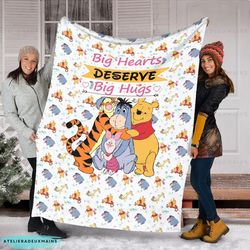 winnie the booh big heart fleece sofa blanket christmas blanket, pooh bear blanket, winnie the pooh and friends blanket,