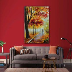 double walking rain with umbrella with oil paint effect roll up canvas, stretched canvas art, framed wall art painting