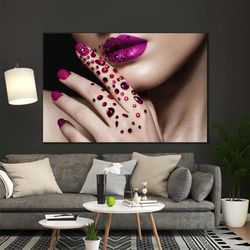 female model hairdresser makeup with pink lipstick and diamonds roll up canvas, stretched canvas art, framed wall art pa
