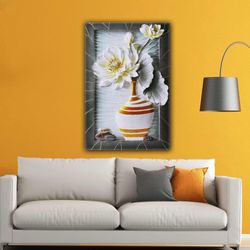 flower in vase with oil painting effect modern decorative roll up canvas, stretched canvas art, framed wall art painting