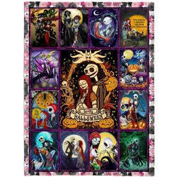 chibi jack and sally halloweens blanket, jack skellington halloween blanket, jack and sally nightmare before christmas b