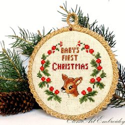 Babys First Christmas Ornament. Easy Cross Stitch Pattern. My 1st Christmas Keepsake. Reindeer Embroidery for Beginner