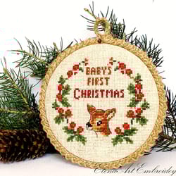 babys first christmas ornament. easy cross stitch pattern. my 1st christmas keepsake. reindeer embroidery for beginner