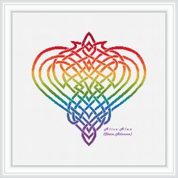 Cross stitch pattern Heart silhouette celtic knot ornament ethnic rainbow colorful hearts counted crossstitch patterns
