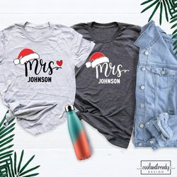 matching christmas santa hat mr and mrs shirts, santa claus matching couple shirts, christmas party outfit, family match