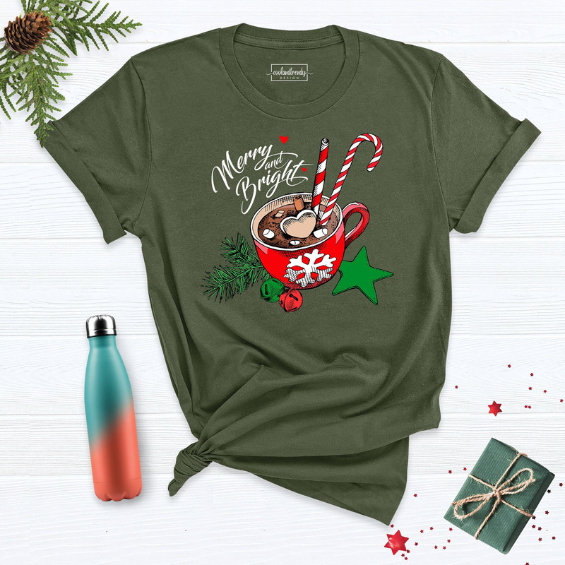 Merry And Bright Hot Chocolate Christmas Shirt, Coffee Lover Shirt, Christmas Shirts for Women, Christmas Shirt, Christmas Family Party Tee.jpg