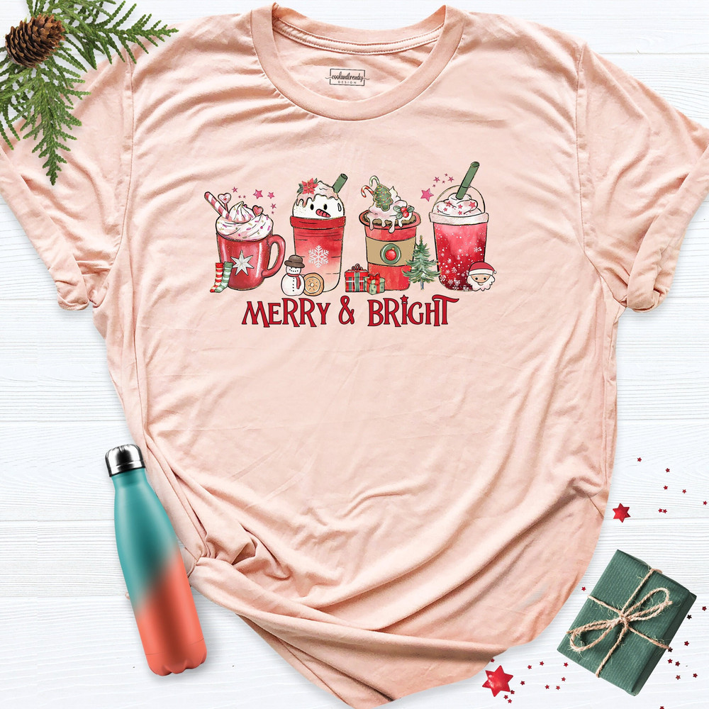 Merry and Bright Iced Coffee Christmas Tee, Women's Christmas Shirt, Christmas Outfit, Coffee Lover Shirt, Xmas Holiday Shirt, Cute Xmas Tee.jpg