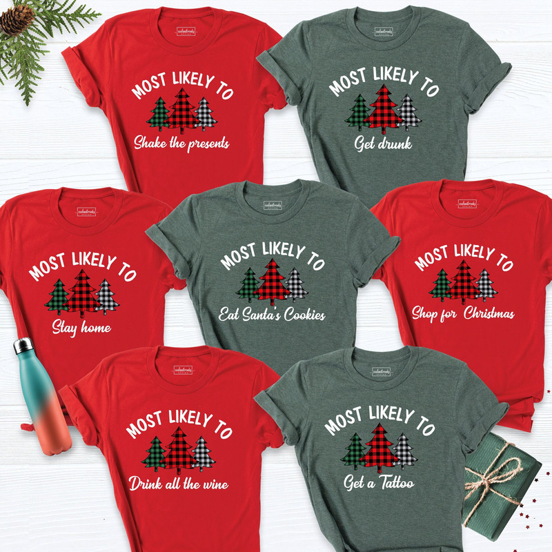 Most Likely to Christmas Buffalo Plaid Tree Shirt, Matching Christmas Shirt, Christmas Holiday Party Tees, Custom Group Shirt, Christmas Tee.jpg