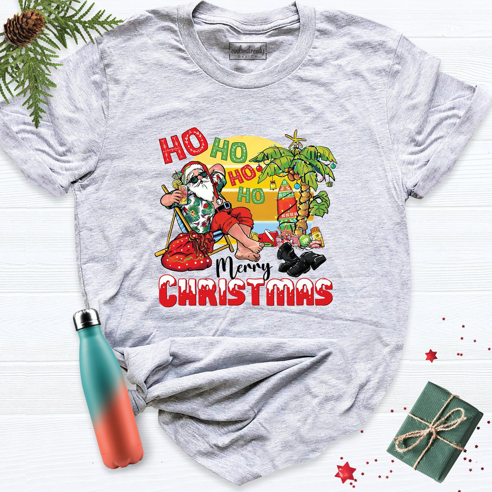 Summer Christmas Santa Tshirt, Ho Ho Ho Ho Christmas 2023 Shirt, Tropical Christmas Shirt, Christmas On The Beach Shirt, Beach Christmas Tee.jpg