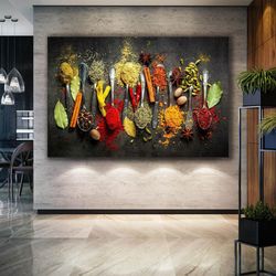 spices on metal spoon kitchen cafe restaurant decor roll up canvas, stretched canvas art, framed wall art painting