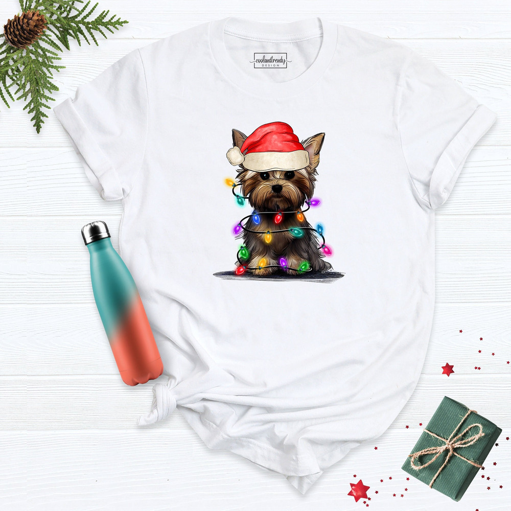 Yorkshire Terrier Christmas Shirt, Christmas Shirt, Christmas Dog Shirt, Christmas Lights Shirt, Dog Lover Outfit, Dog Mom T-Shirt, Xmas Tee.jpg