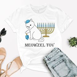 Meowzel Tov Tee, Hanukkah Shirts For Women, Festival Of Lights Tee, Menorah Cat Shirt, Festive Cat Mazel Tov Shirt, Cat