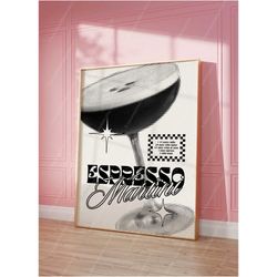 espresso martini cocktail print funky decor, trendy retro