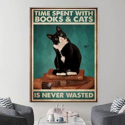 time spent with books and cats is never wasted poster, black cat sleep on a stack of books, bookworm art, black cat love