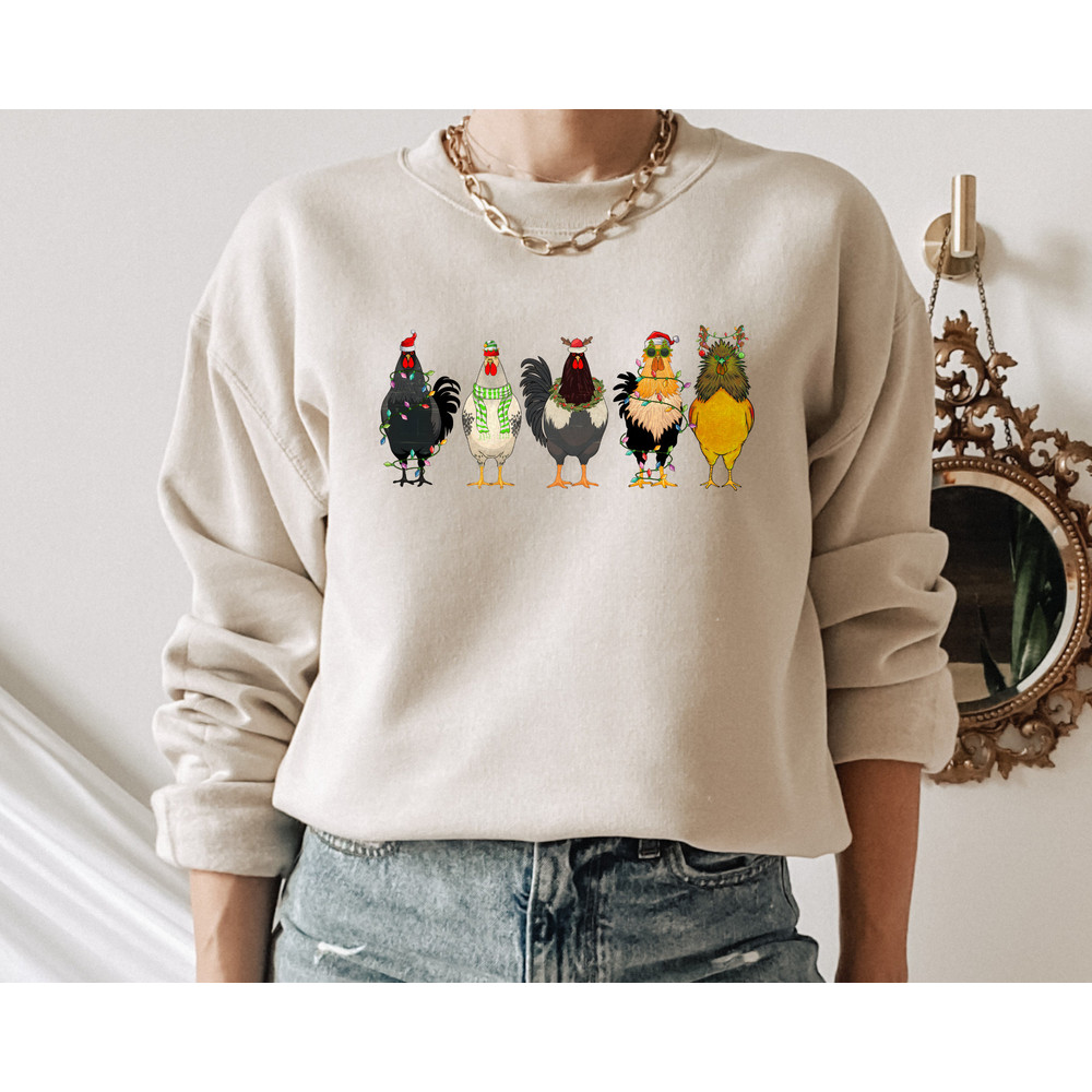 Christmas Chickens Sweatshirt, Cute Chicken Farm Animals Holiday Shirt, Trendy Santa Hat Animal Farmer Heiffer Bull Gift Holidays Crewneck.jpg