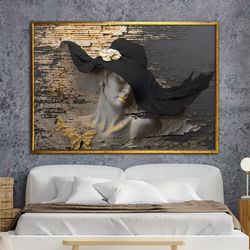 stone woman canvas print, woman with black hat wall art, fashion art, 3d style, wall art canvas design, framed ready to