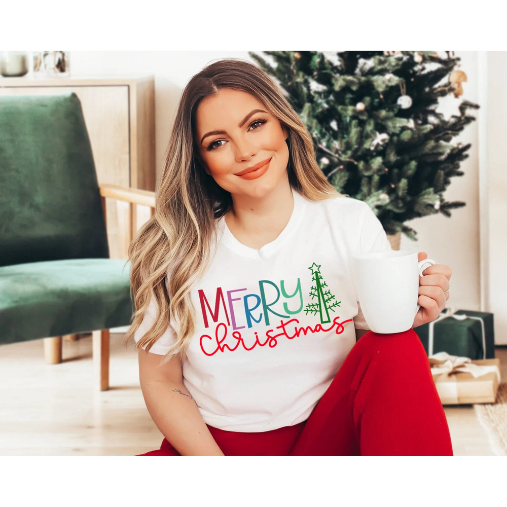 Ladies Merry Christmas Shirt, Women Christmas Shirt, Cute Christmas Shirt, Women Holiday Shirt, Christmas Tree Shirt, Cute Christmas Tees.jpg