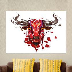 low polygonal red bull head with geometric pattern - vector illustr - illustration, wall art
