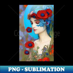 Dreamy pop surreal design of a pretty girl with blue hair flowers and red poppies - Stylish Sublimation Digital Download - Create with Confidence