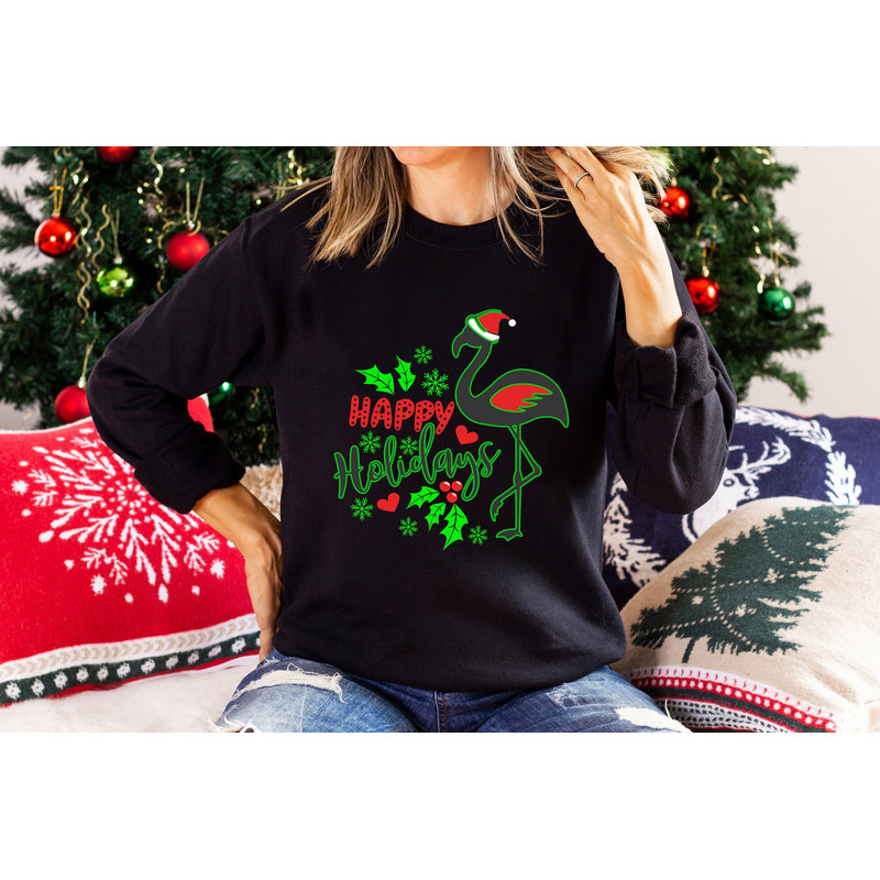 Happy Holidays Flamingo Shirt, Flamingo Christmas Shirt, Cute gift for girls, flamingo vibes, girlfriend gift, Christmas hat Santa shirt.jpg