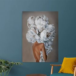 rose head woman canvas print, woman with flower head canvas painting, woman with feather head wall decor, woman with flo