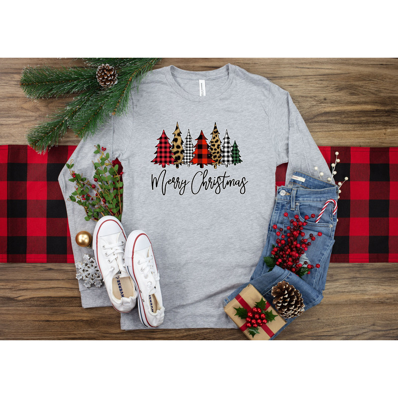 Merry Christmas Long Sleeves Shirt, plaid leopard cheetah Santa, Womens Christmas trees , Christmas Gift for Wife, buffalo plaid, tree shirt.jpg