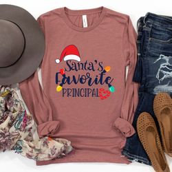 principal christmas long sleeves shirt, santas favorite principal, funny christmas principal shirt, , principal holiday