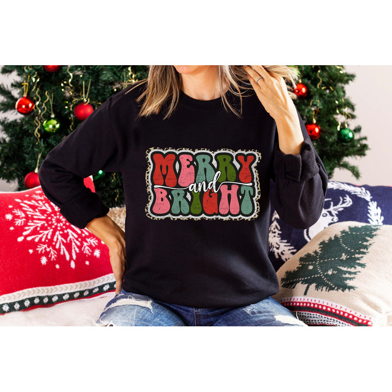 Retro Merry and Bright Shirt, Christmas Season Lover Tshirt, Family Christmas Tshirt, Christmas Gift, Merry Christmas, Xmas Crew Sweatshirt.jpg