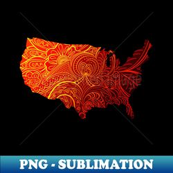 Colorful mandala art map of the United States of America in black and red with yellow - High-Quality PNG Sublimation Download - Boost Your Success with this Inspirational PNG Download