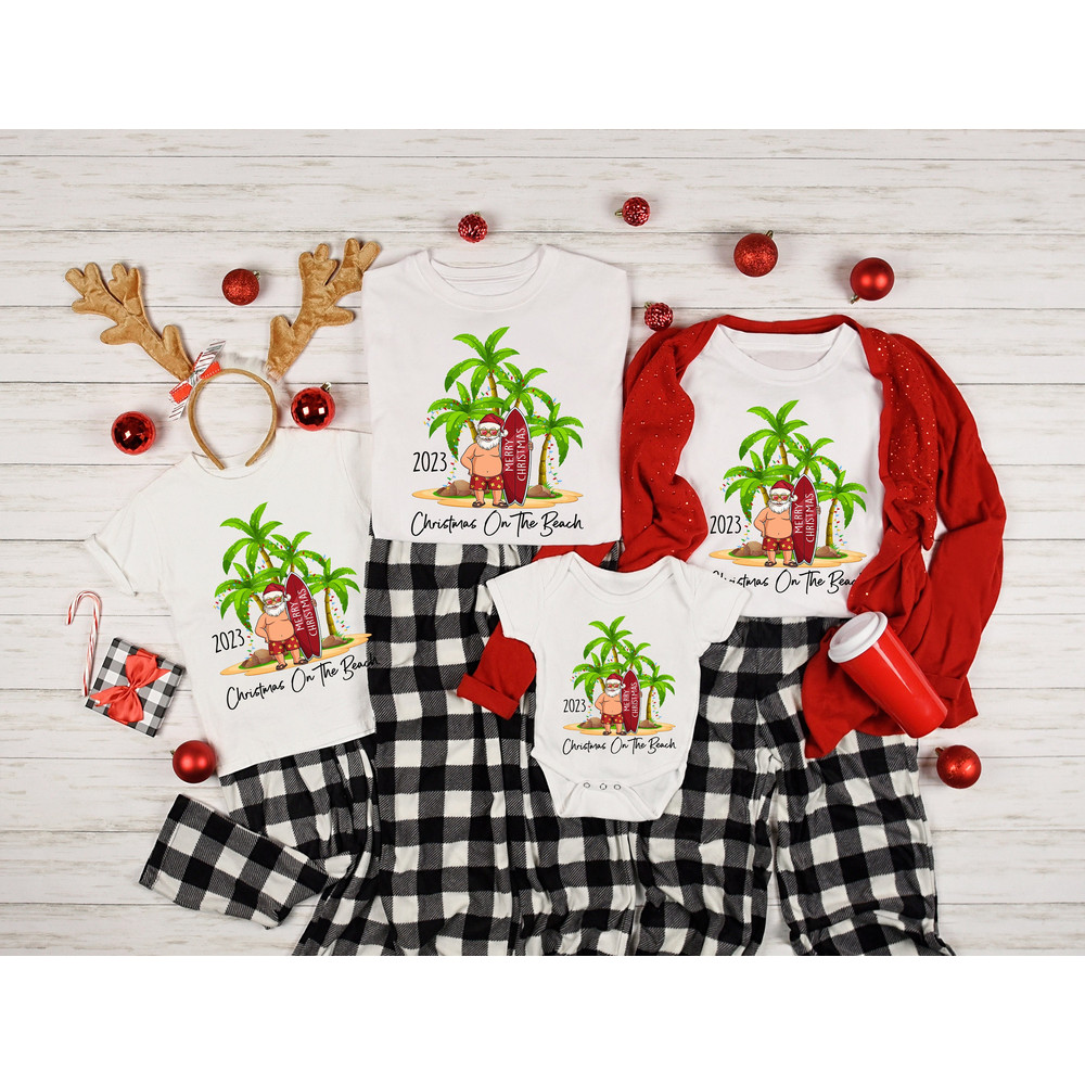 Christmas On The Beach Shirt 2023 Tropical Christmas Shirts Hawaii Christmas Family Matching Tee Christmas Palm Tree Santa Xmas Holiday Gift.jpg