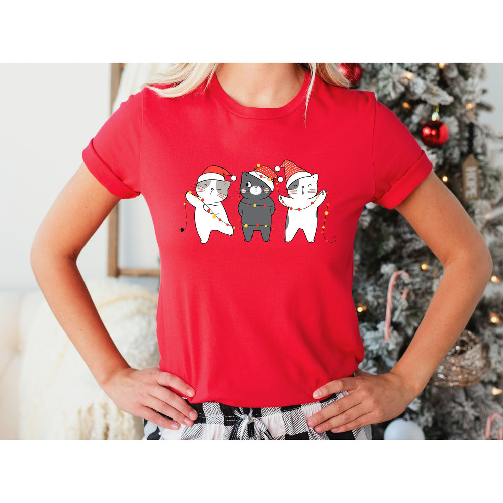 Cute Christmas Cat with Christmas Light Shirt, Christmas Long Sleeve Shirt, Christmas Gift for Her, Cat Lover Gift for Ladies, Woman Shirts.jpg