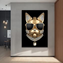cat canvas, cat with glasses golden cat wall decor, with different frame options for your home and office modern decor