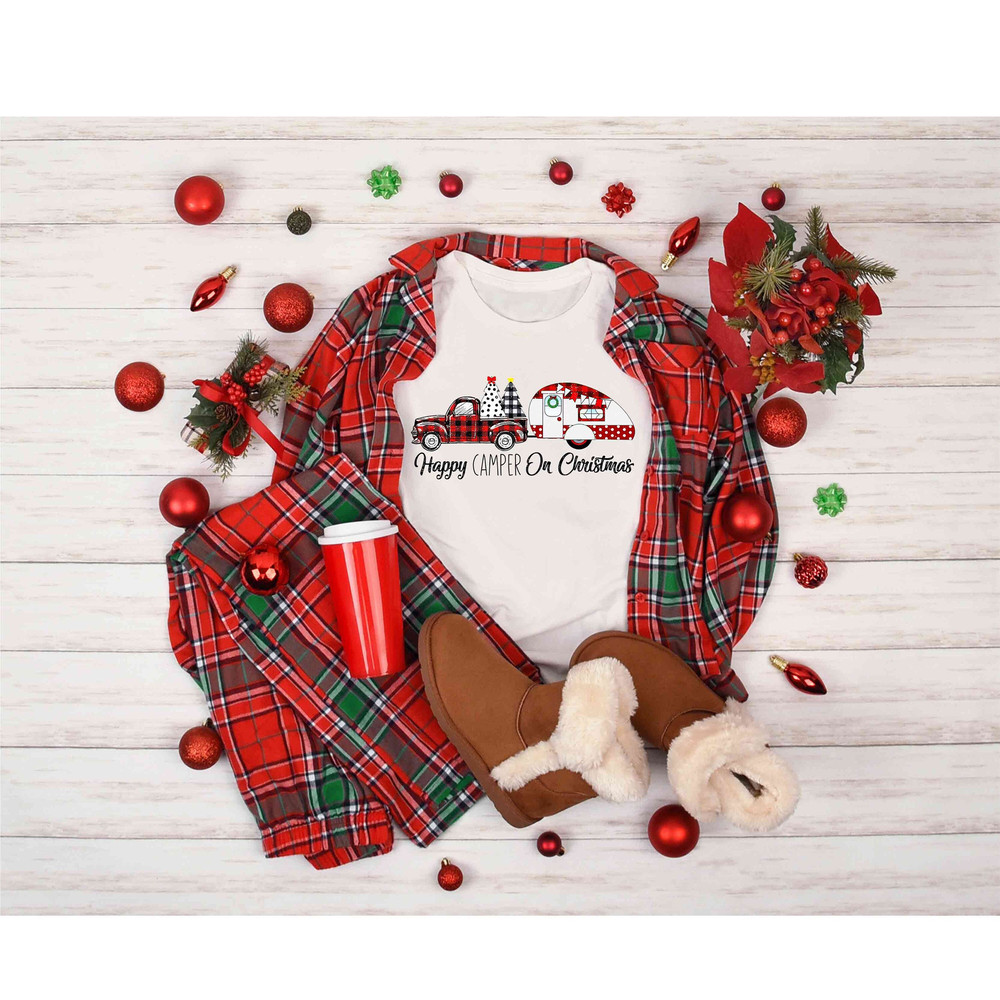 Happy Camper Christmas Tree Shirt, Christmas Vacation Gifts, Womens Camping Shirt, Glamping Nature Shirt, Camper Shirt, Camp Lover Tee.jpg