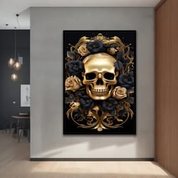 floral golden skull canvas art print, skeleton art, golden skull decor, modern decor ideas for home and office with diff