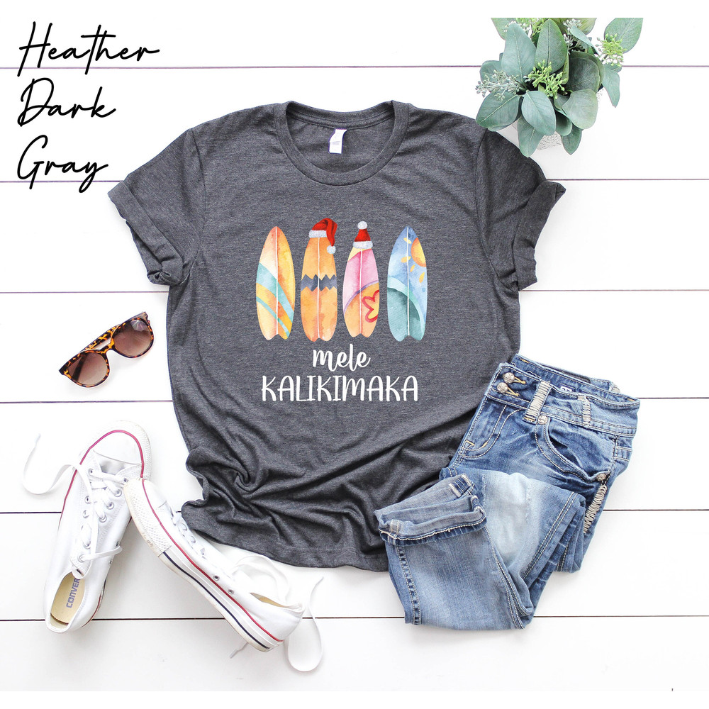 Mele Kalikimaka, Beach Christmas Shirt, Hawaiian Christmas, Watercolor Surfboard Christmas T-Shirt,Coastal Christmas TShirt,Hawaii Xmas Gift.jpg