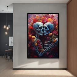 skeletons in love art print, skeleton art, floral skeleton decor, modern decor ideas for home and office with different