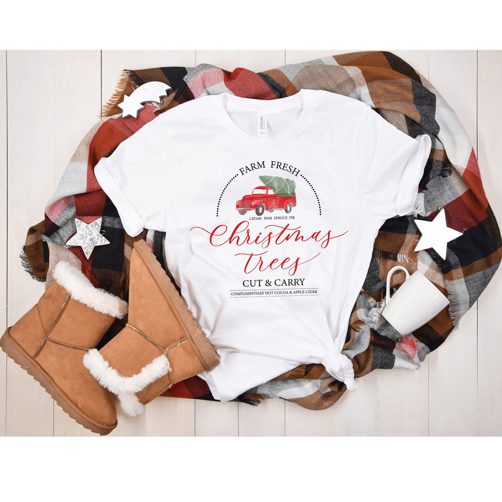 Vintage Christmas Tree Farm Bella Canvas Crewneck Shirt, Merry Christmas Santa Gift, Pine Scandanavian, Watercolor Red Truck Trees Shirt.jpg