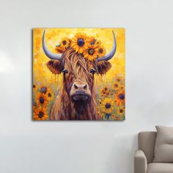 cow canvas, cow with sunflowers canvas painting, bull on canvas bull wall art bull print bull poster longhorn bull