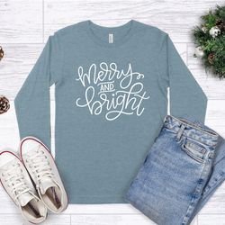 christmas shirts for women, merry and bright christmas shirt, cute christmas top, long sleeve christmas tee, adult chris