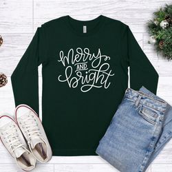 christmas shirts for women,merry and bright christmas shirt,cute christmas top,ladies long sleeve christmas tee,adult ch